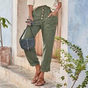Sundance Women's Linen Blend High Rise Olive Crop‎ Boho Relaxed Beachy Size 10
